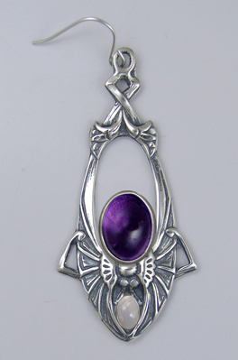 Sterling Silver Dramatic Art Deco Drop Dangle Earrings With Amethyst And Rainbow Moonstone